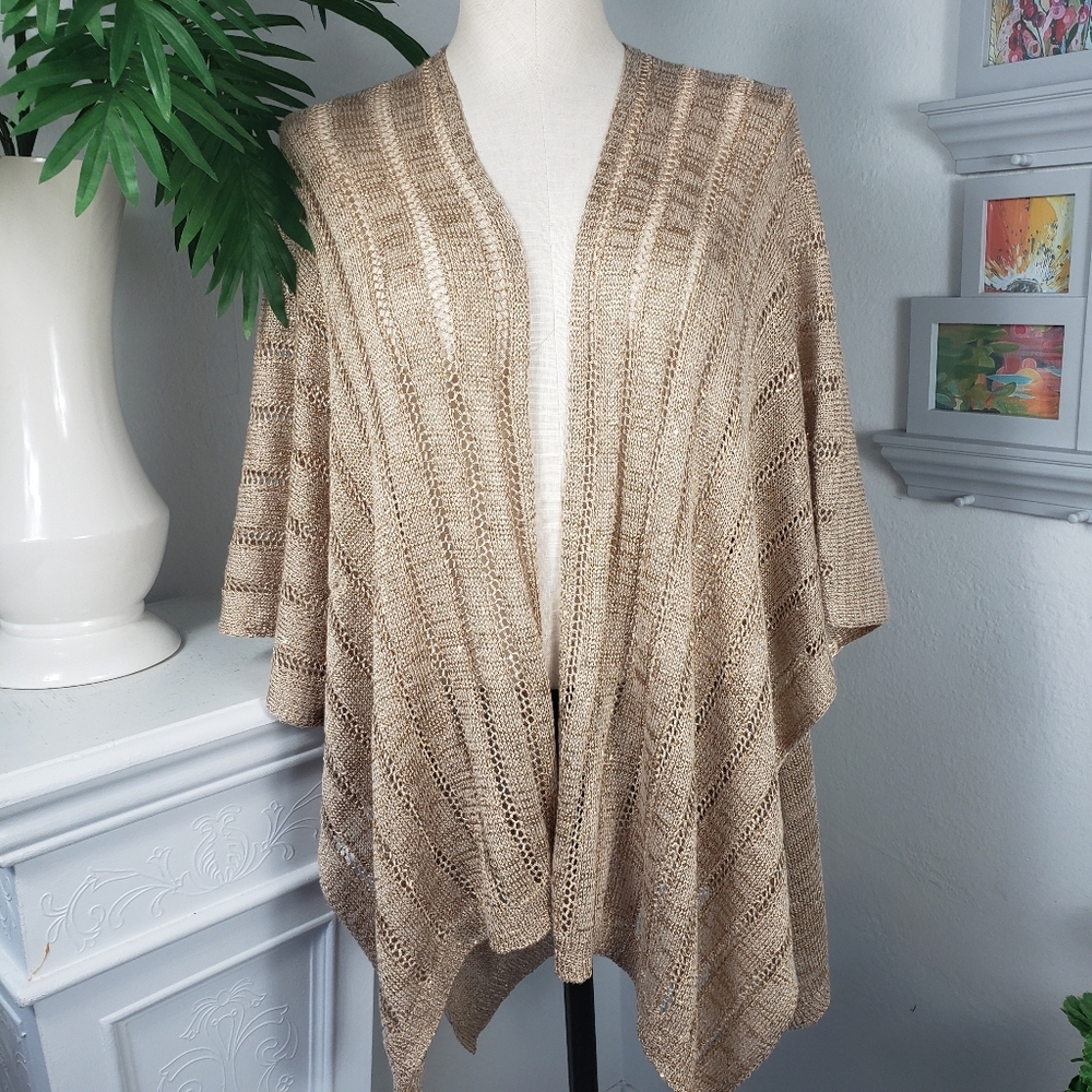 Vince Camuto Biege Crochet w/ Sequins - Open-Knit Kimono Shawl Cardigan One Size